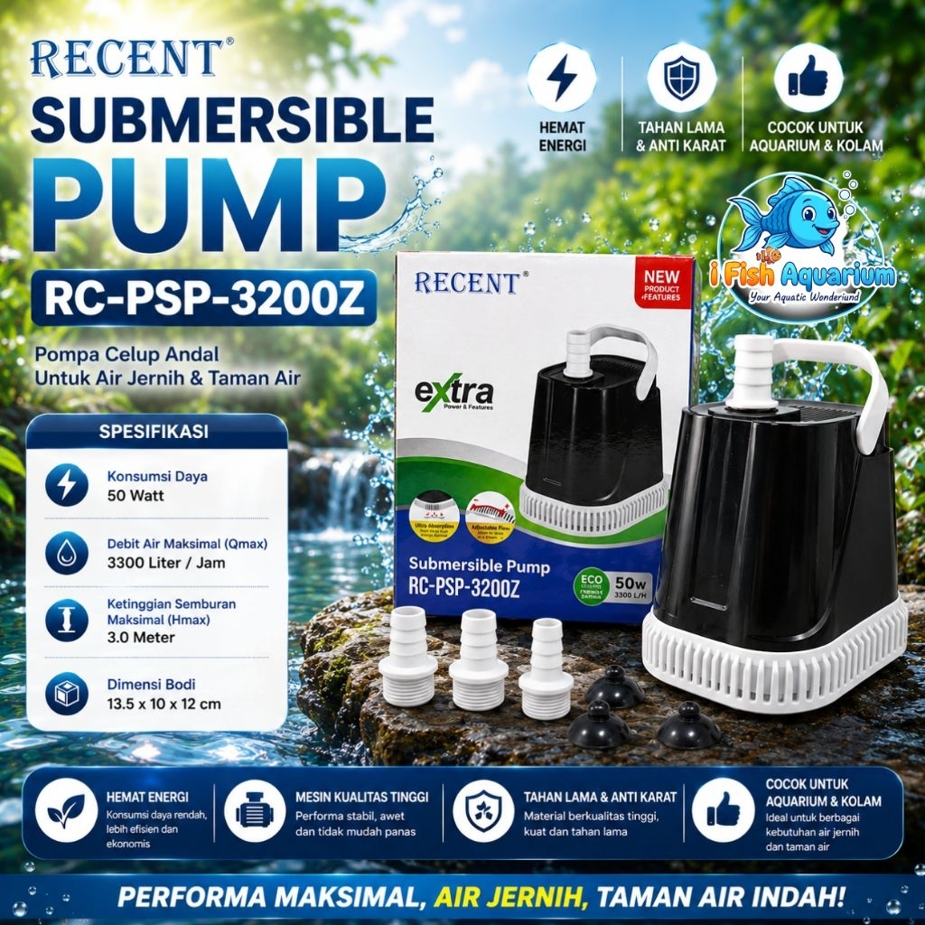 Recent Pompa Filter Hisap Bawah Aquarium Rc Psp 3200z 50Watt 3300L/H 3,0 Meter Aliran Air Stabil unt