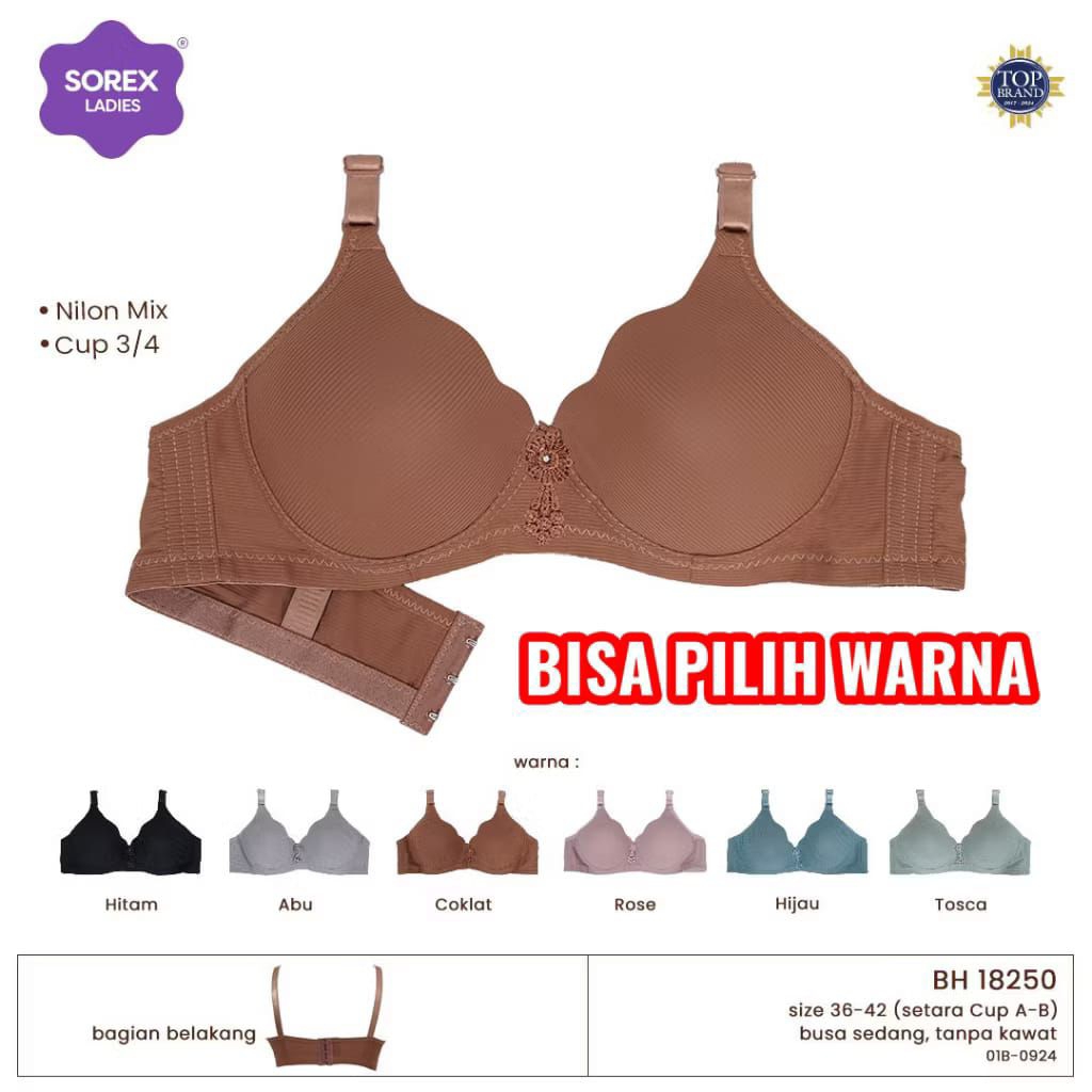 BH SOREX 18250 TANPA KAWAT BUSA KAIT 3 Cup A-B Cup 3/4 NILON MIX BH HARIAN UK 36-42