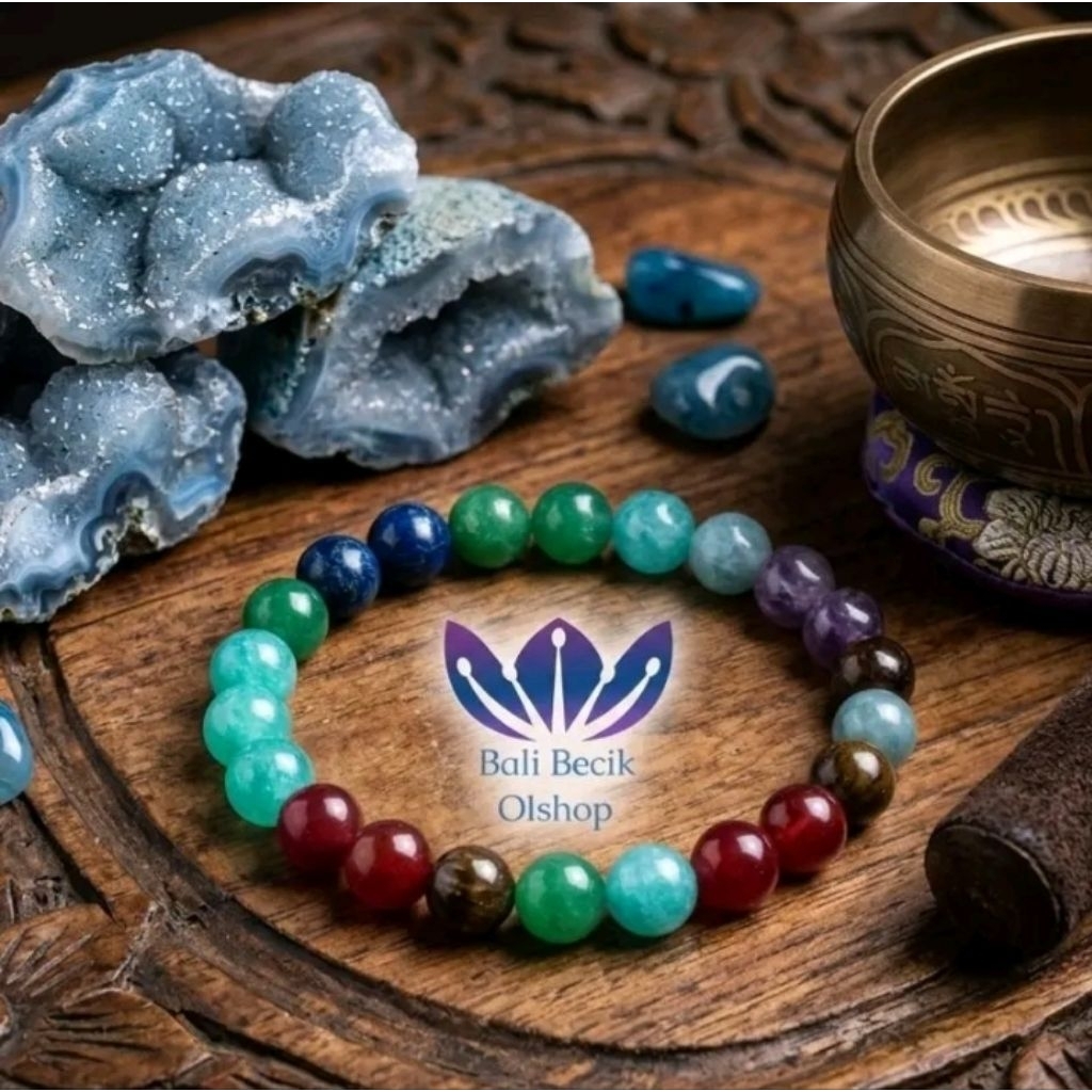 Gelang Batu 7 Chakra Cakra ASLI dan Batu Blue Agate Natural 8mm
