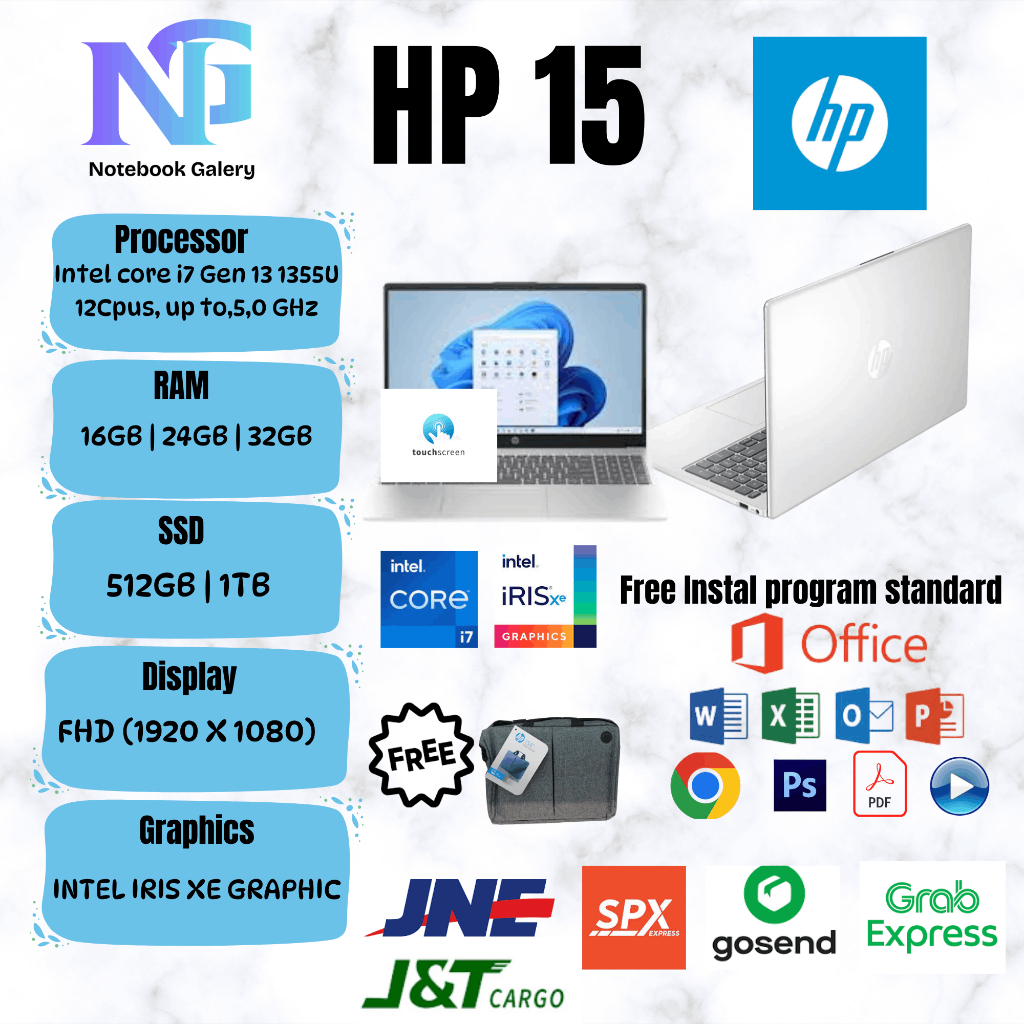 Laptop Baru  HP 15  Intel Core i7 1355U (12Cpus Up to 5,0GHz) / Intel Core Ultra 7 155H (22Cpus UP t