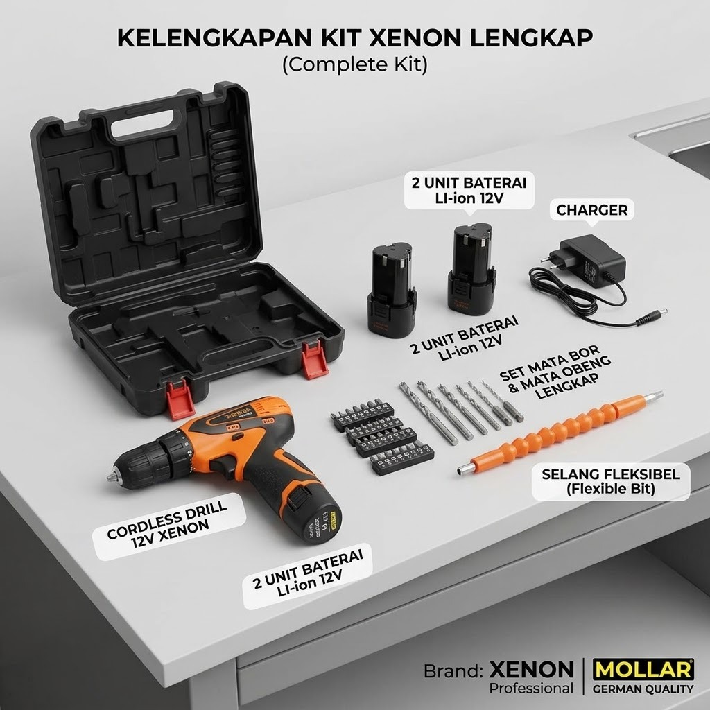 XENON CDD505 Mesin Bor Cas Charger 12V Cordless Drill Set Mata Bor