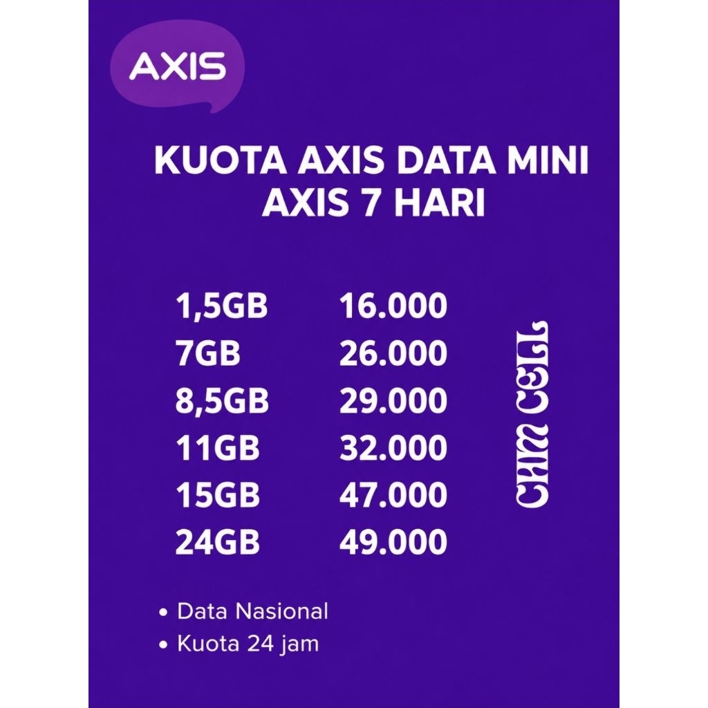 Paket data Axis 7 hari 1,5gb 7gb 8,5gb 11gb 15gb 24gb
