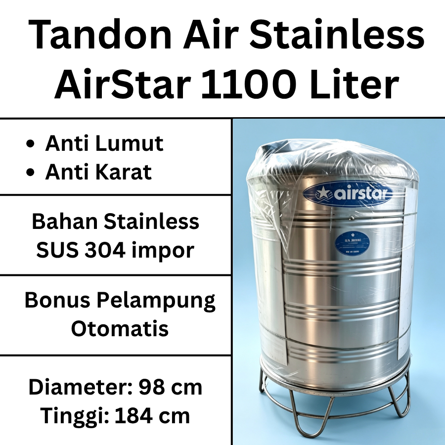 Tandon Tangki Toren Air Stainless AIRSTAR 1100 Liter Anti Lumut Anti Karat GRATIS PELAMPUNG OTOMATIS