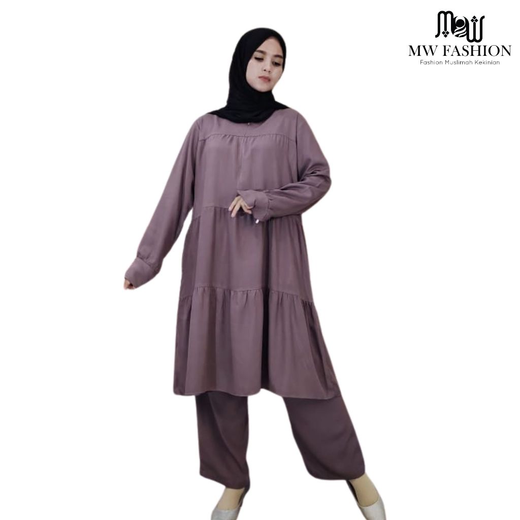 FASHION MUSLIMAH Setcel tunik rempel susun ukuran jumbo terbaru bahan rayon twill (Tunik susun)