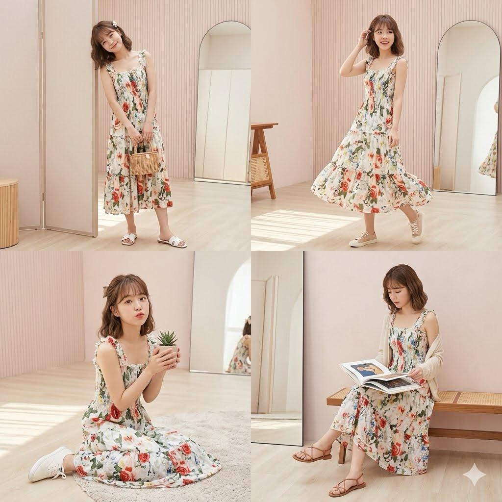 DRESS OL SMOKE PANTAI LONG MOTIF BUNGA NAGITA PUTIH KOREANSTYLE BKK VINTAGE FAIRY