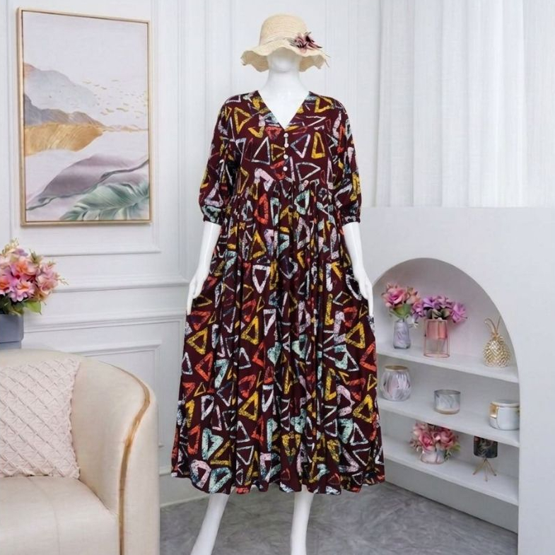 Midi Yulia Dress Baju Wanita Bahan Rayon Motif Premium Ori Tebal Perempuan Hamil Menyusui Jumbo