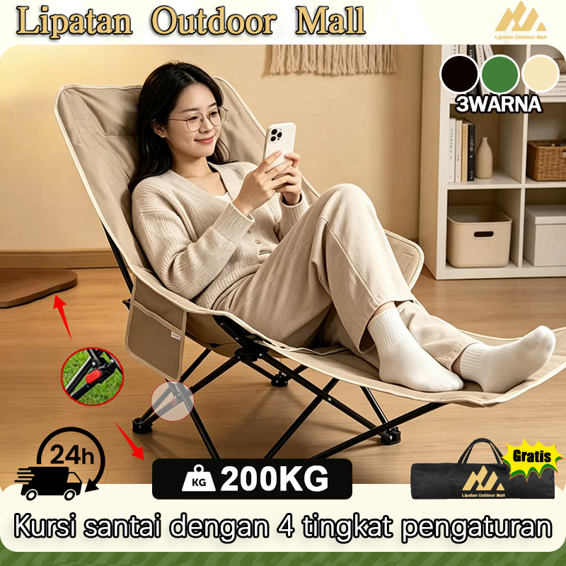 Lipatan Outdoor Kursi Lipat Santai 4 Tingkat - Tahan 200KG, Bisa Duduk & Berbaring, Cocok Indoor & O