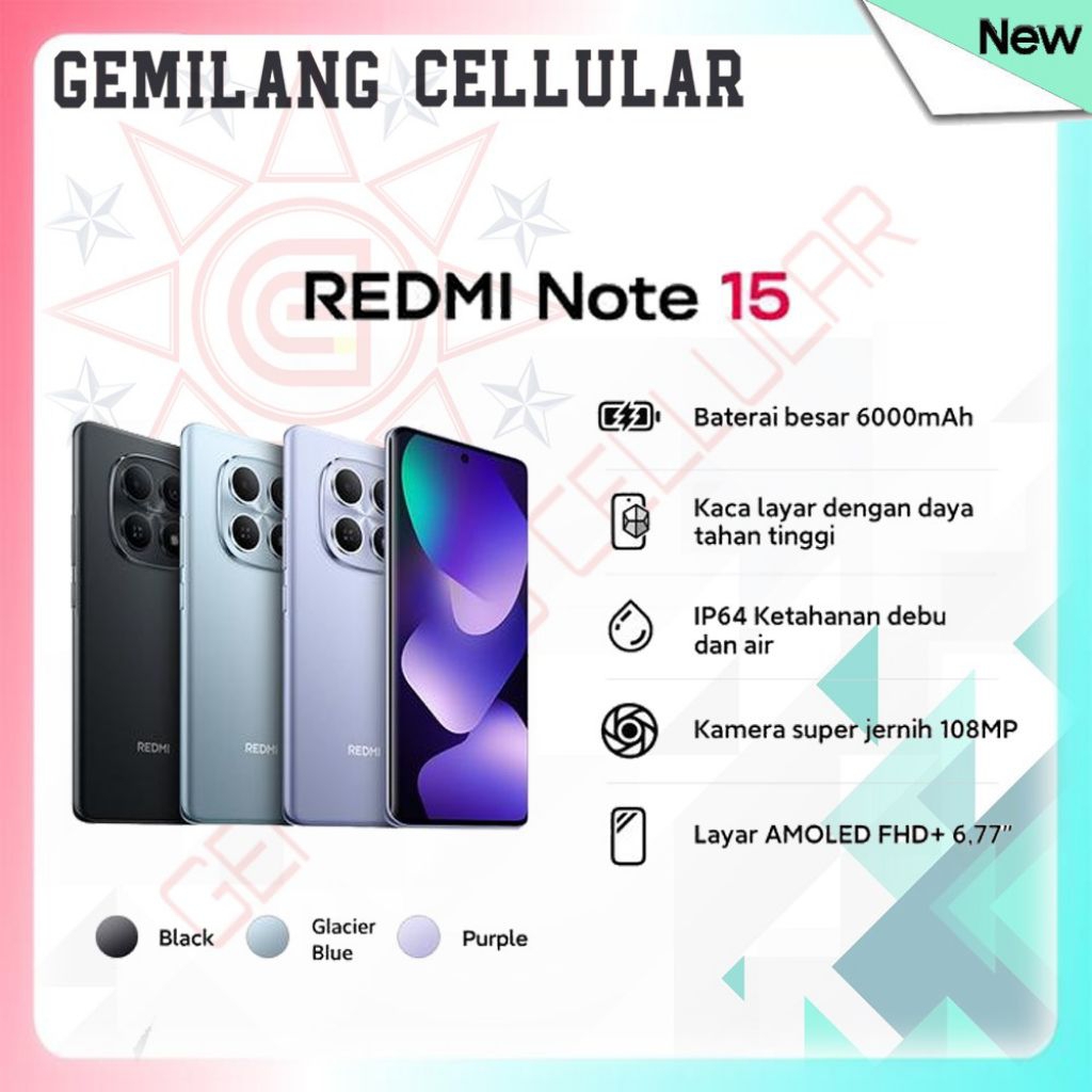 Redmi note 15  (RAM 8/128 DAN 8/256 GB) Chipset MediaTek Dimensity G100-ultra |  Kamera utama 180 MP