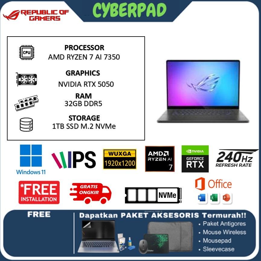 LAPTOP GAMING ASUS ROG ZEPHYRUS G16 OLED GA605KH RYZEN AI 7 350 RTX5050 8GB/ 32GB 1TB W11+OHS+M365B 