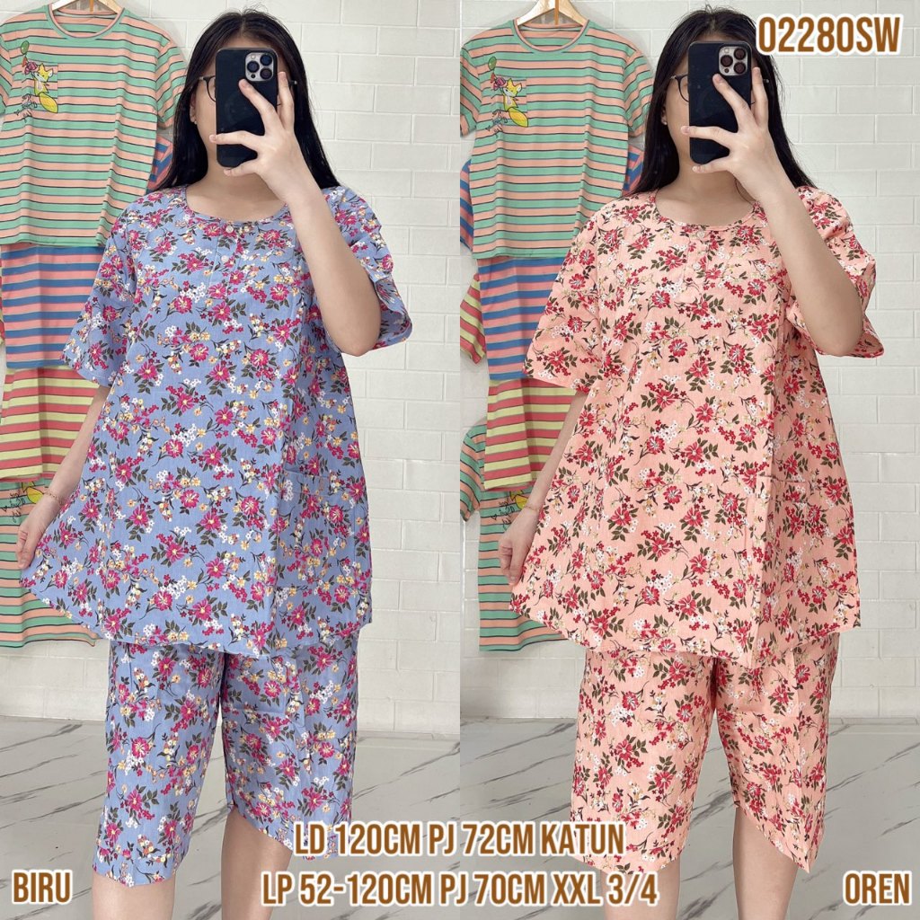 Baju Tidur Merlin BD Celana 3/4 XXL Jumbo Setelan Katun Motif karakter  - Bahan Katun Premium