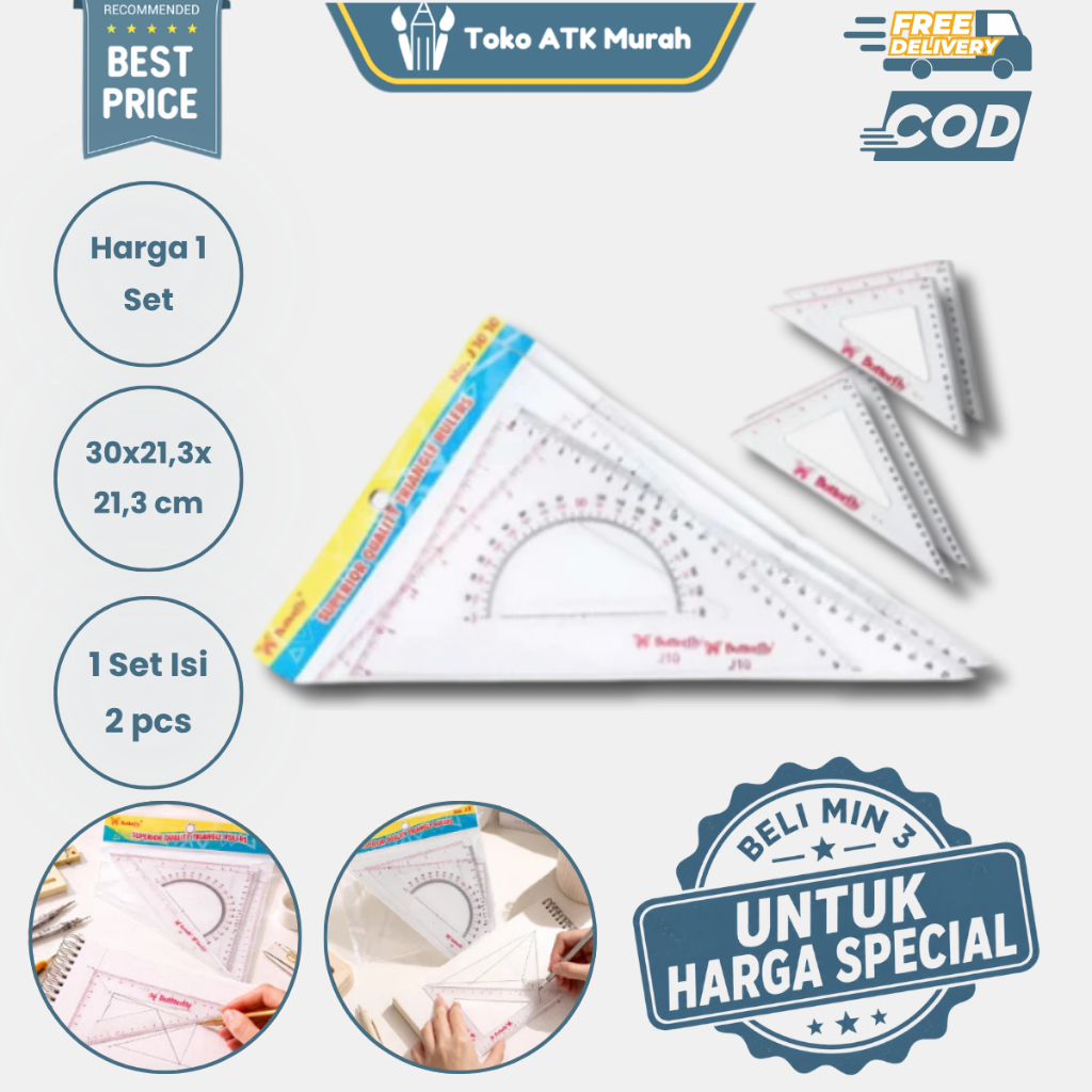 Penggaris Segitiga Set Sepasang Butterfly J10 no.10  - Triangle Ruler Penggaris Gambar Teknik