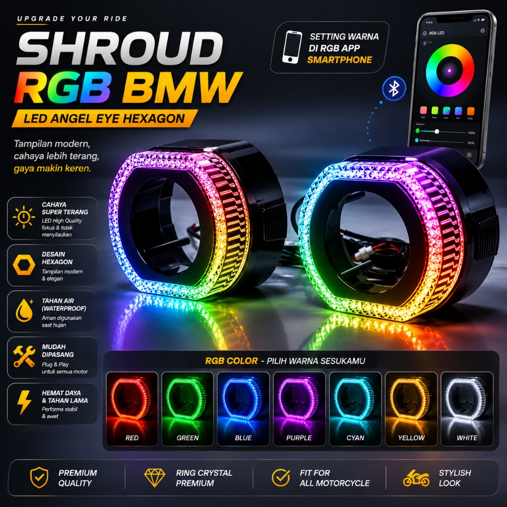 DRL Ring Shroud BMW RGB App 2.5 Inch Premium Crystal Akrilik Angel Eyes Projie Biled