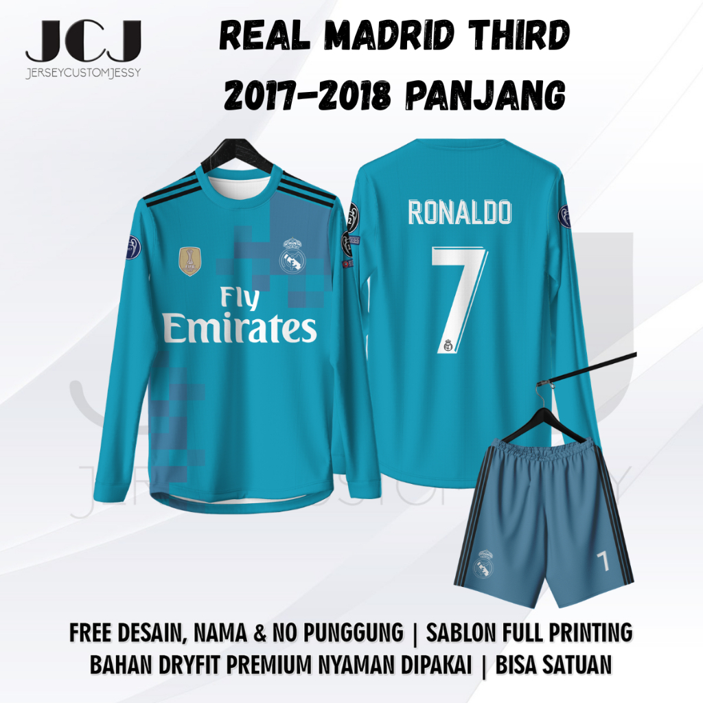 Jersey Bola REAL MADRID THIRD 2017-2018 PANJANG Free custom nama dan nomor untuk dewasa dan anak ana