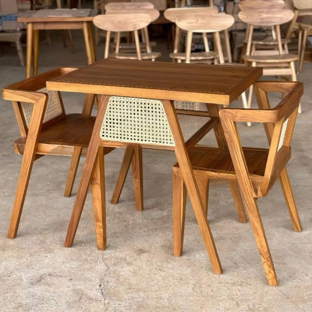 set meja cafe unik kayu jati / set kursi meja makan cafe retro kombinasi rotan minimalis kursi rotan