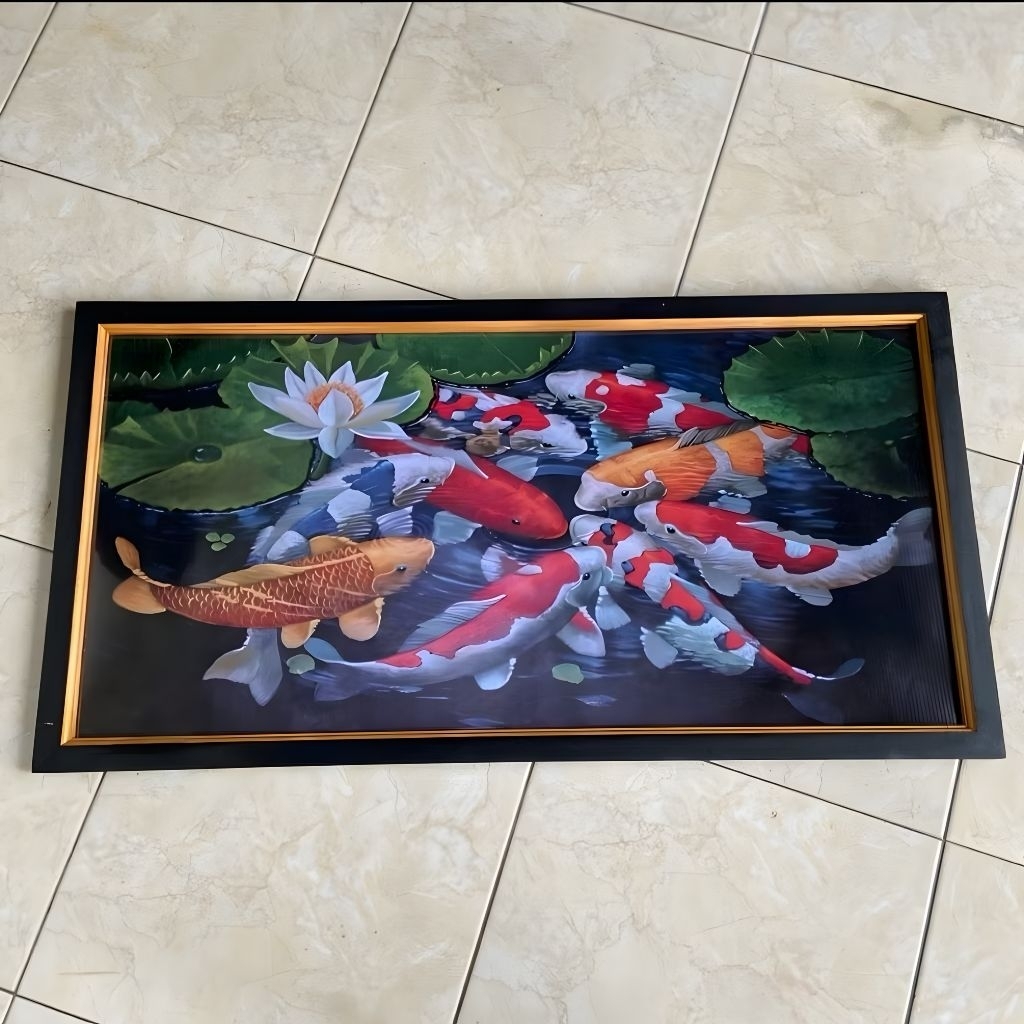 Hiasan Dinding Lukisan Cetak Ukuran Jumbo (50x100cm) ikan Koi Cantik Warna Warni Estetik Mewah