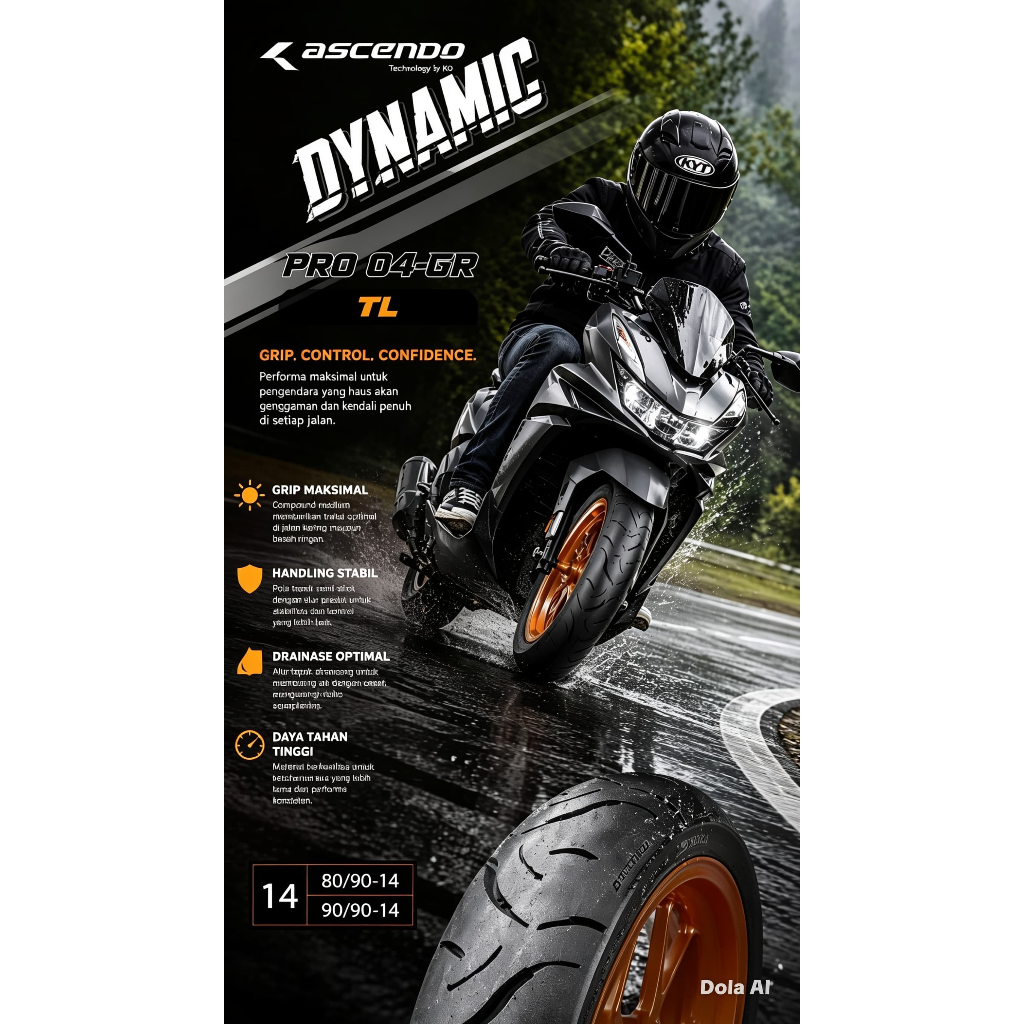 BAN ASCENDO DYNAMIC 90/90-14 TUBELESS RING 14 ORI SNI