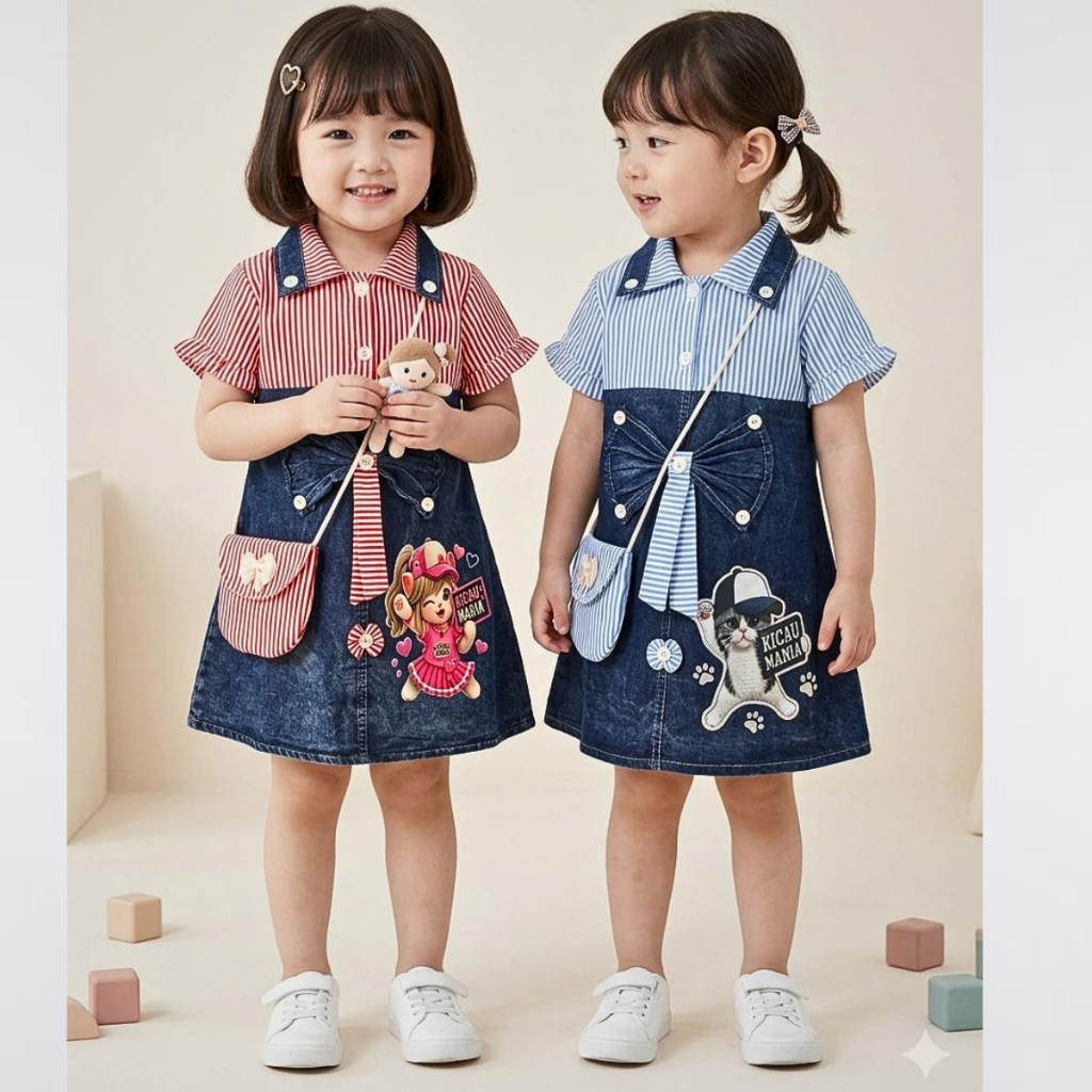 Dress Jeans Kicau Mania Anak Perempuan Lengan Pendek Motif Salur Model Terbaru 2026 usia 3 - 10 Tahu