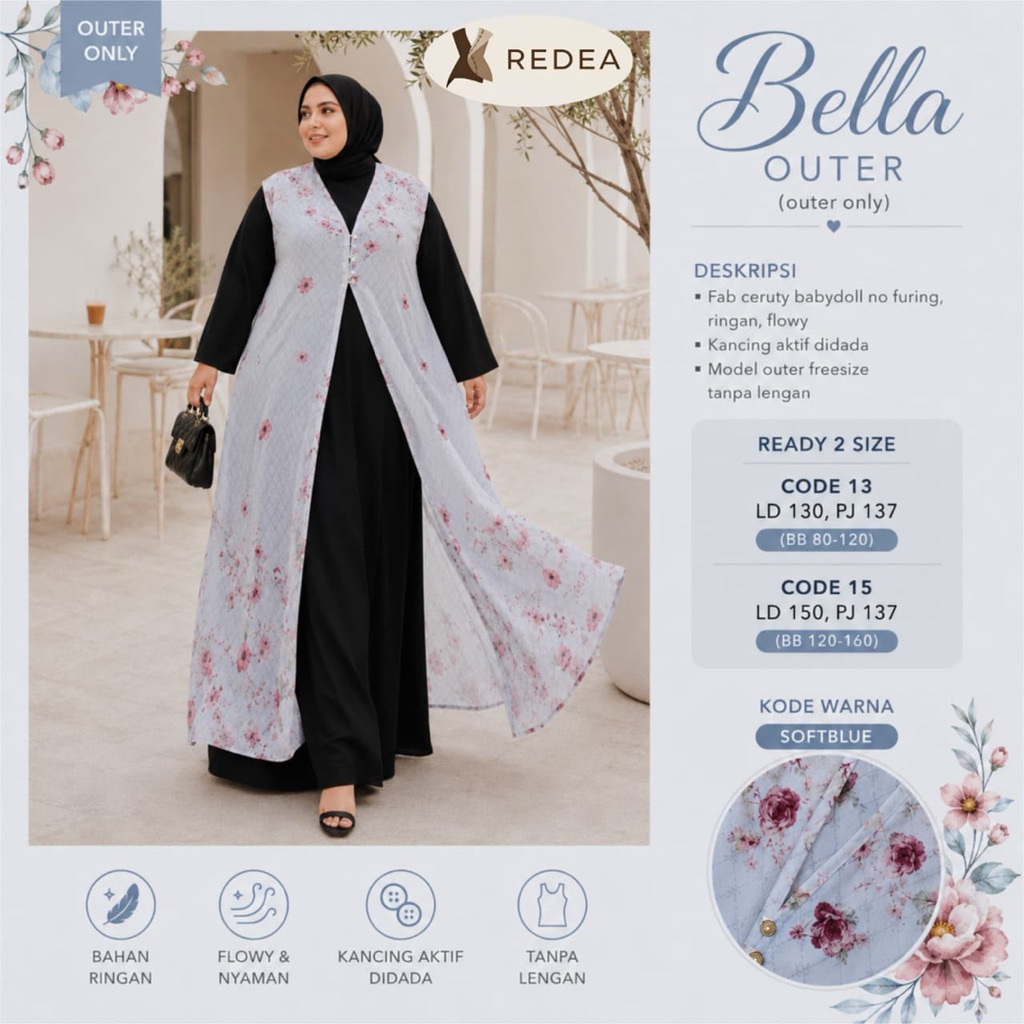 Bella Long Outer Jumbo Tanpa Lengan Bahan Ceruty Babydoll No Furing Motif Bunga LD130 LD150