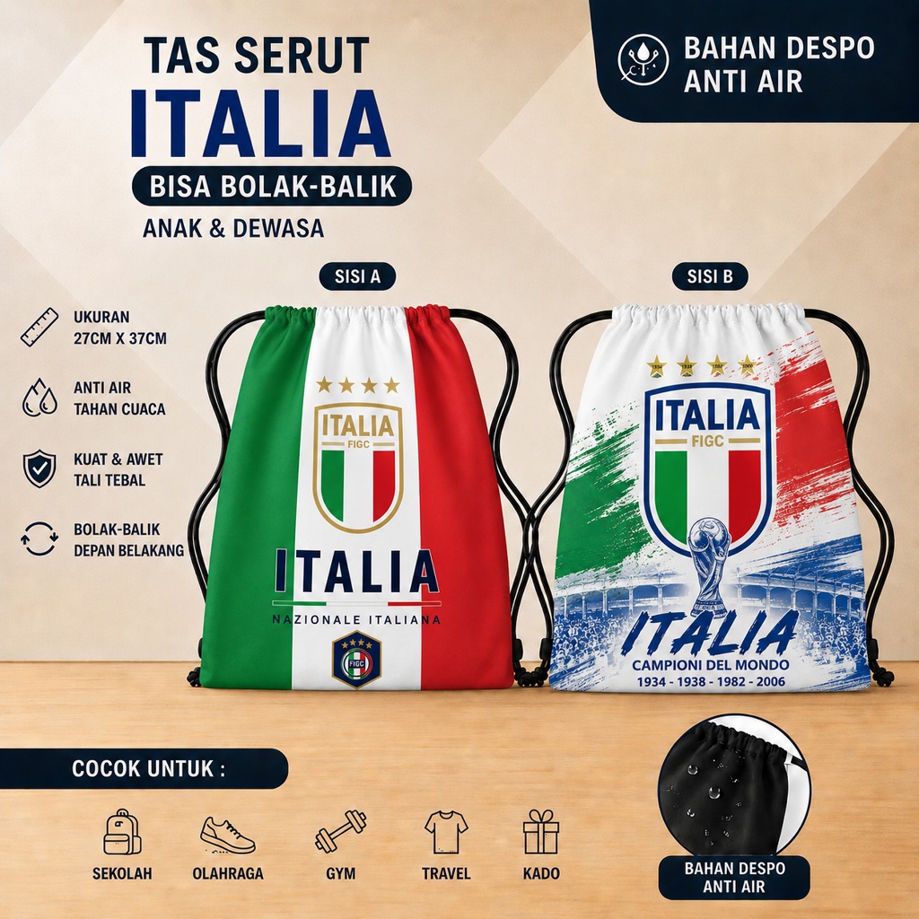 Tas Serut Futsal Bola Olahraga / Gymsack String Bag Drawstringbag Italia Multifungsi, TAS SERUT ANTI