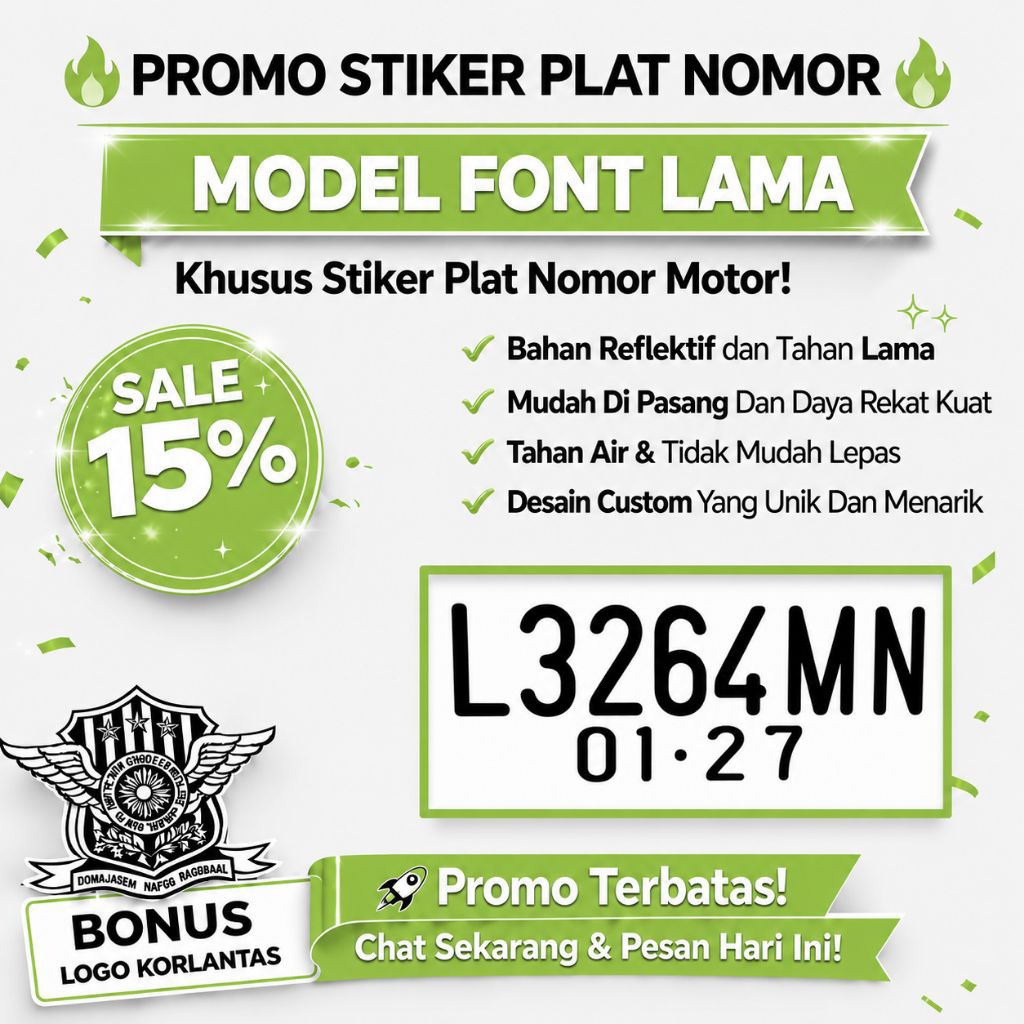 (Siap Kirim) Stiker Plat Nomor Motor Sepasang/depan belakang Standar Font Lama, Stiker Plat Nomor Mo