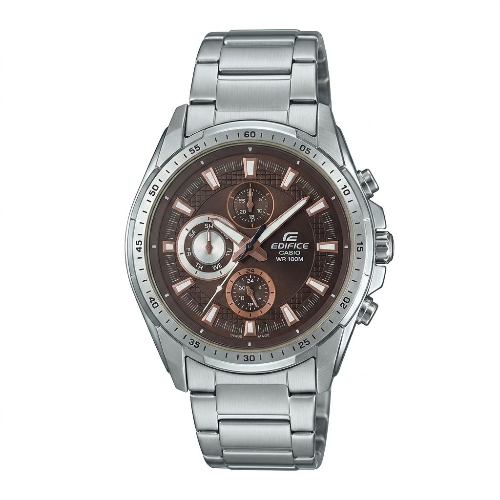 Jam Tangan Casio Edifice EF-336D-5AVDF Silver Dasar Coklat Cowok
