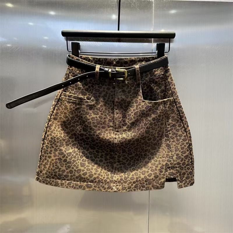 Rok Jeans Motif Macan Tutul Cokelat Vintage Wanita, Pinggang Tinggi A-Line Pendek