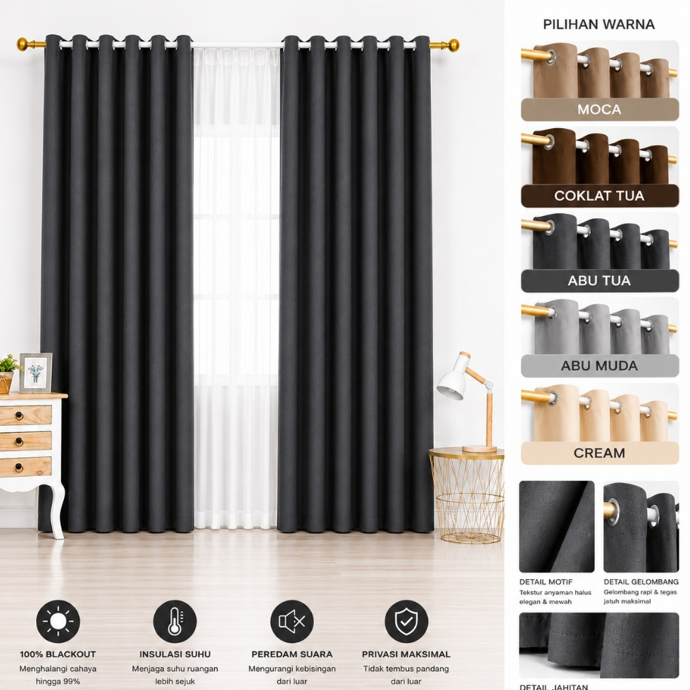 Gorden Blackout Polos Serat Embos Premium 12 Lubang 6 Gelombang Minimalis Aesthetic Bahan Tebal