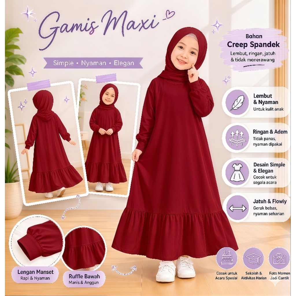 Gamis Maxi Polos Maroon - Gamis Anak Perempuan adem nyaman dipakai Merah Maroon usia 1-12 Tahun DCL 