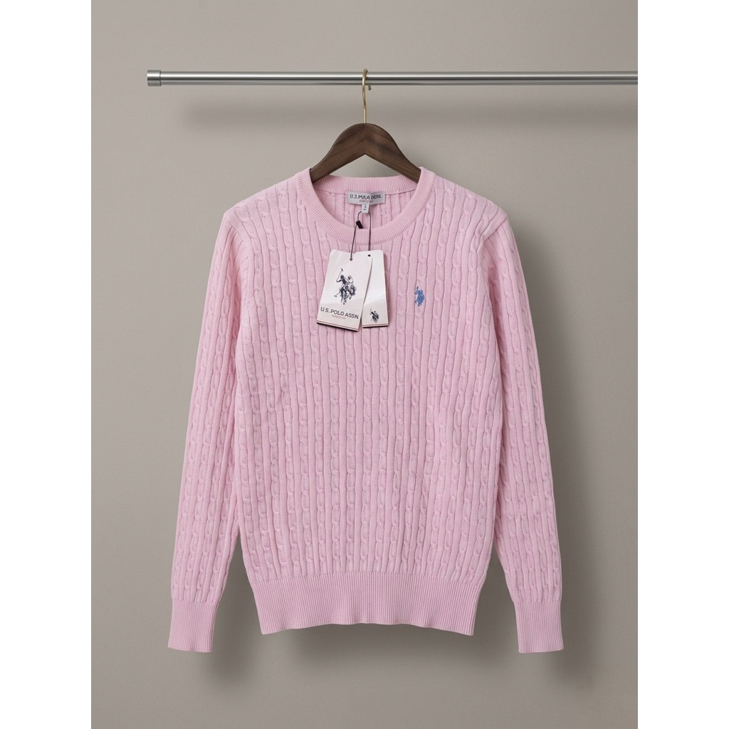 Sweater US Polo Assn USPA Cableknit Rajut Full Kepang Baby Pink