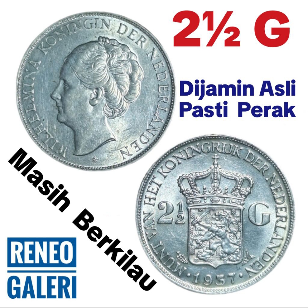 Asli Perak 2½ Gulden Wilhelmina 2,5 G Nederlandsch indie uang koin kuno original berkilau luster jam