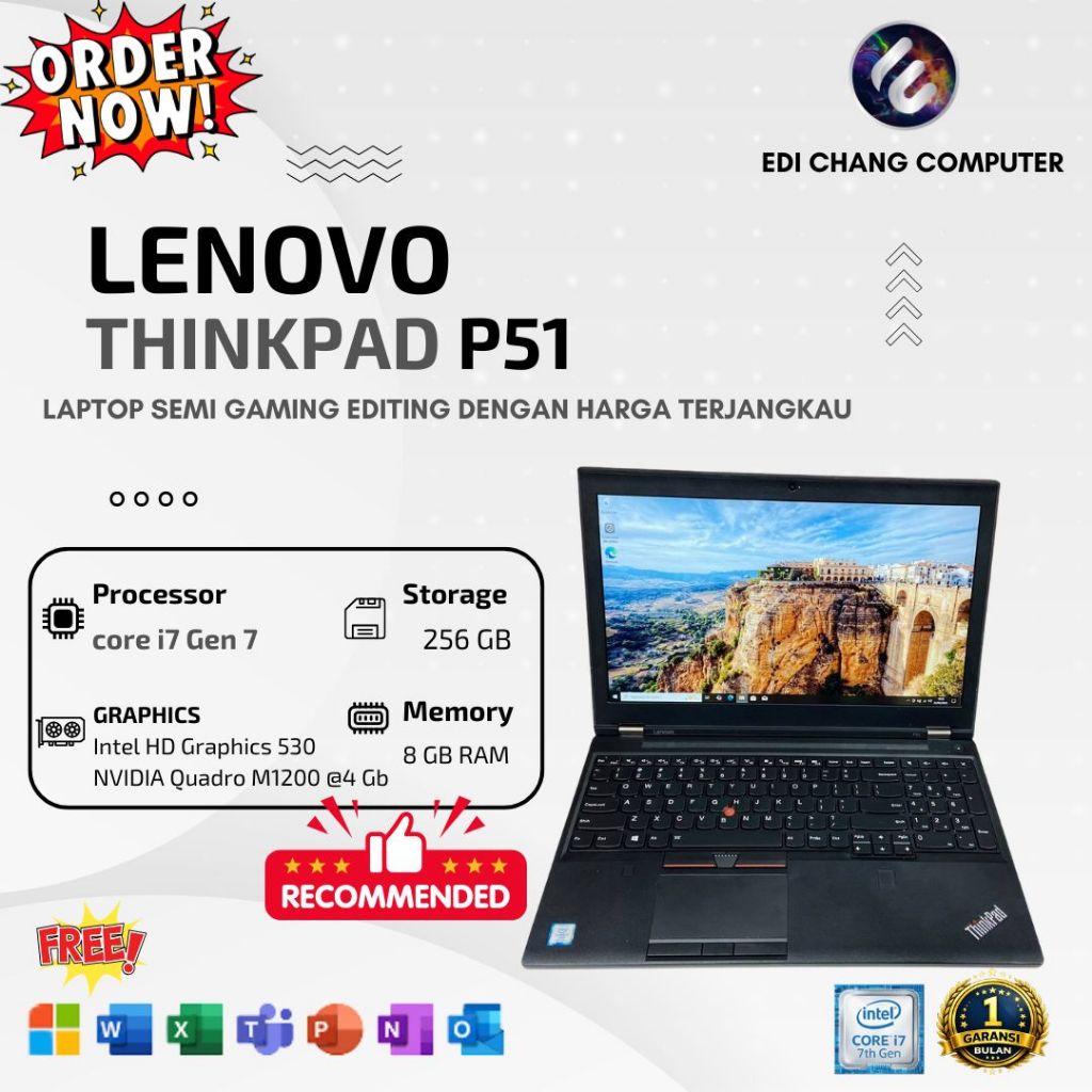 LAPTOP GAMING | LENOVO THINKPAD P51 I7 GEN 7 | 8/256GB | VGA NVIDIA QUADRO M1200 4GB