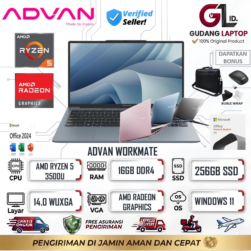 Laptop ADVAN WorkMate AMD Ryzen 5 3500U 16GB 512GB SSD 14 WUXGA Baru