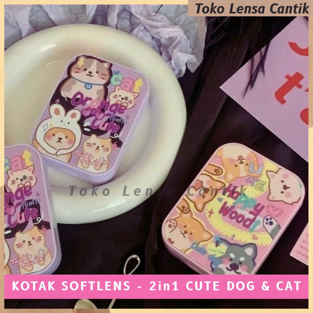 KOTAK SOFTLENS 2IN1 CUTE DOG & CAT PASTEL / WADAH SOFTLENS / TRAVEL KIT / CASE SOFTLENS / LENSCASE /