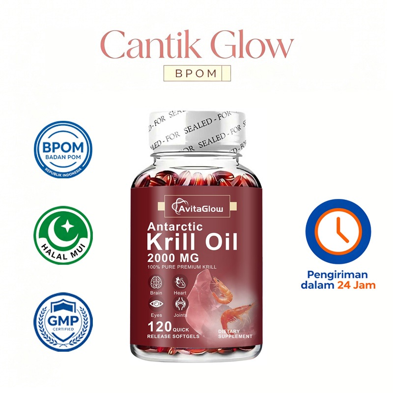 AvitaGlow Antarctic Krill Oil 2000mg - 120 Softgel - Omega-3 EPA DHA - Kesehatan Jantung Otak Mata S