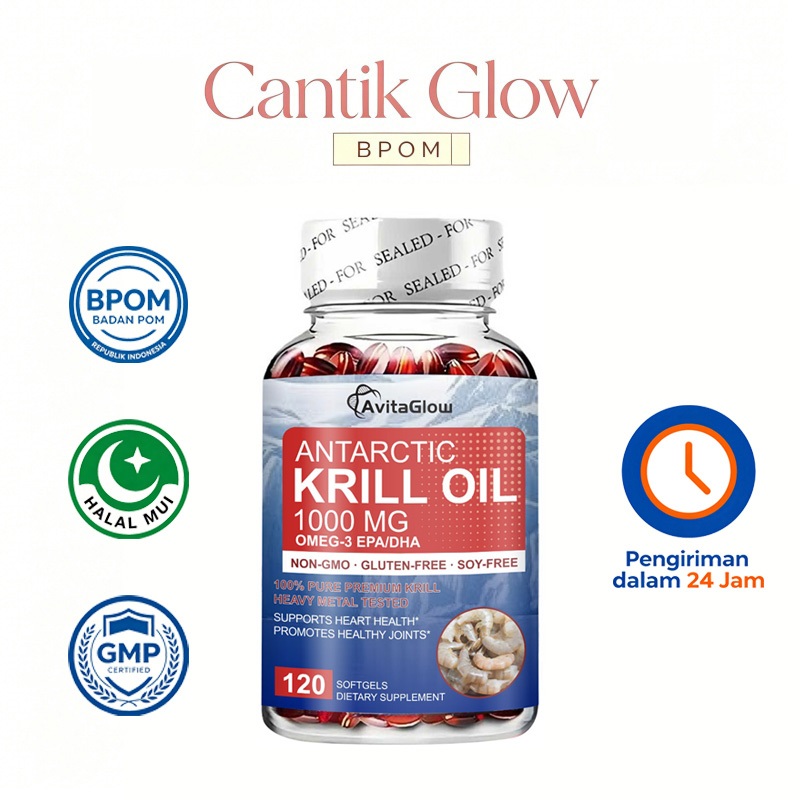 AvitaGlow Antarctic Krill Oil 1000mg - 120 Softgel - Omega-3 EPA DHA - Kesehatan Jantung & Sendi - N