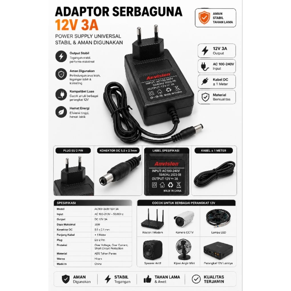 Adaptor Changer Cas Serbaguna CCTV pompa air steam Cuci Motor ac Mobil 12volt 3 Amper Full 5.5*2.5