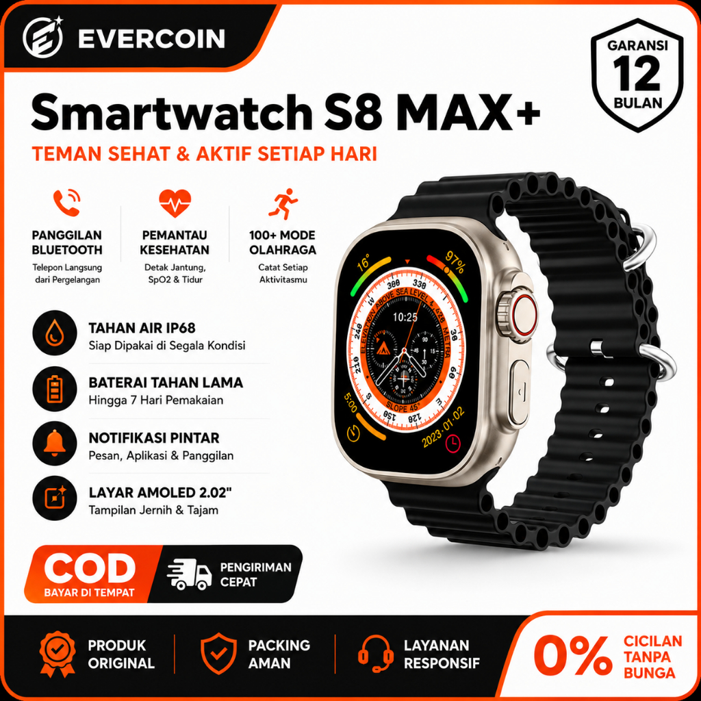 EVERCOIN Smartwatch S8 MAX+ Android RAM 4+64GB Bisa Simcard 5G Wi-Fi Video Call GPS Play Store Origi