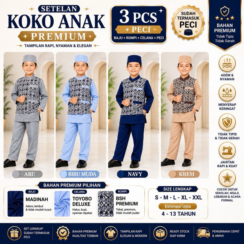 Setelan koko anak laki-laki koko anak kurta anak koko anak rompi 4 sampai 13 tahun