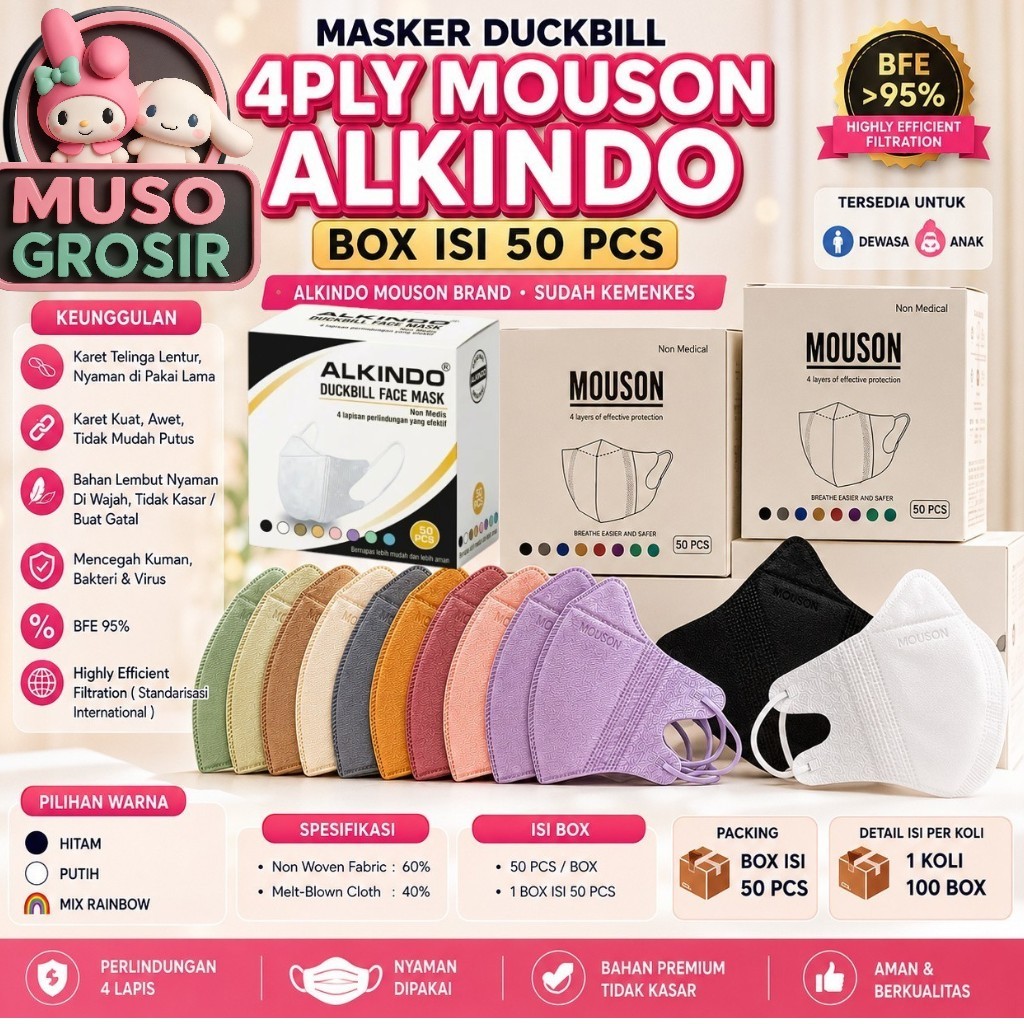 MUSO | MASKER DUCKBILL 4PLY MOUSON ALKINDO DEWASA ANAK GARIS BOX ISI 50PC- MASKER DUCKBILL 4PLY EMBO