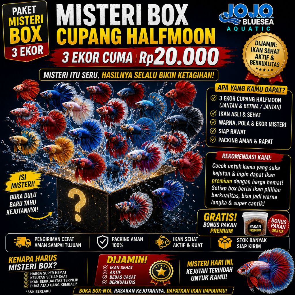 Mystery Box Borongan Cupang Halfmoon 3 Ekor + Bonus Pakan & Ekstrak Ketapang 250ml
