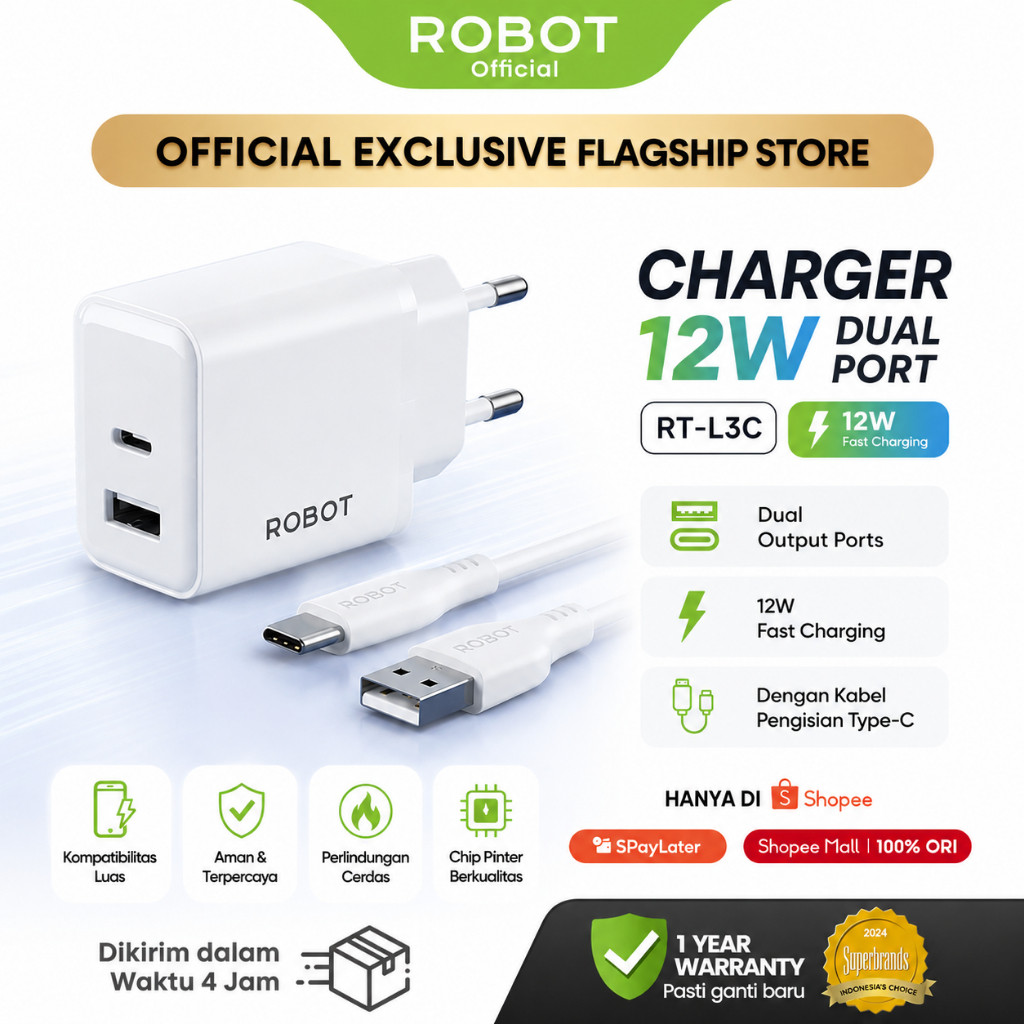 ROBOT Adaptor Charger 12W Fast Charging Dual Port with Micro USB Type-C Cable 2.4A Kepala Charger for Android iPhone RT-L3C Original - Garansi 1 Tahun