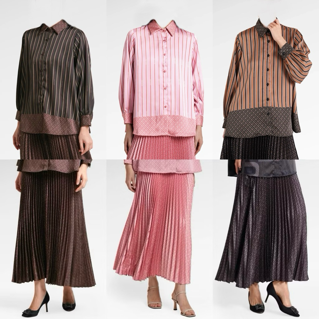 [baca deskripsi‼️] BENANG JARUM MONO LINE SATIN SHIRT BLACK CHOCO BENANG JARUM MONO DIAGONAL PLEATED