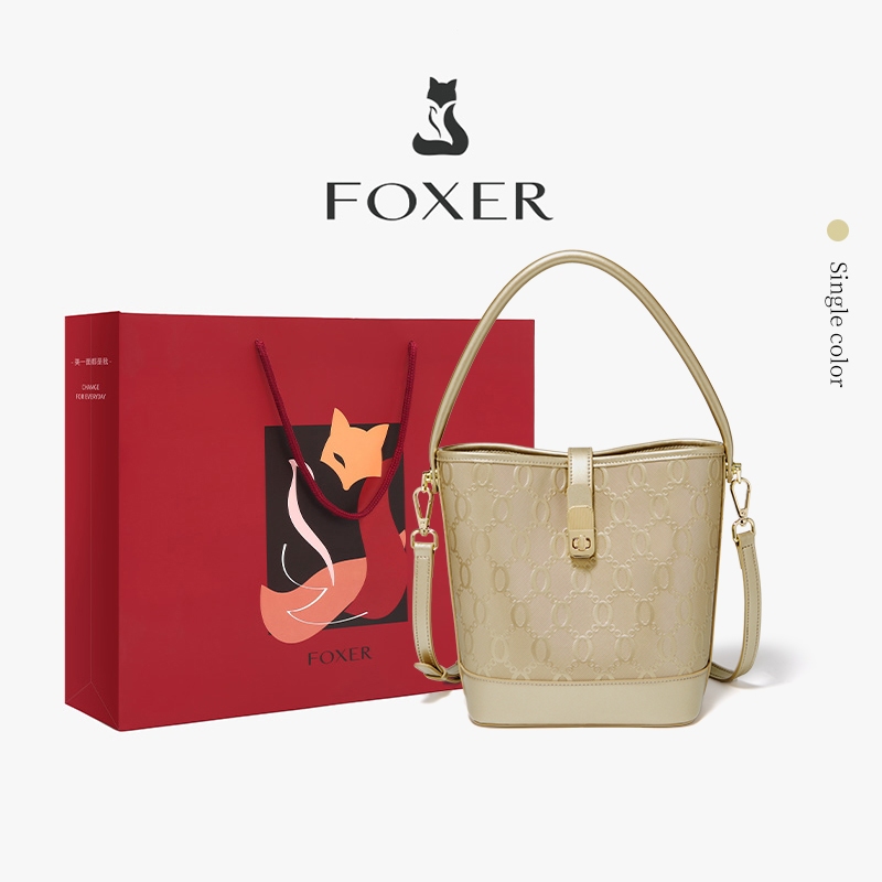 FOXER Tas Bucket Tas Selempang Wanita Warna Emas Mewah Bergaya Tas Kurir Kulit Asli