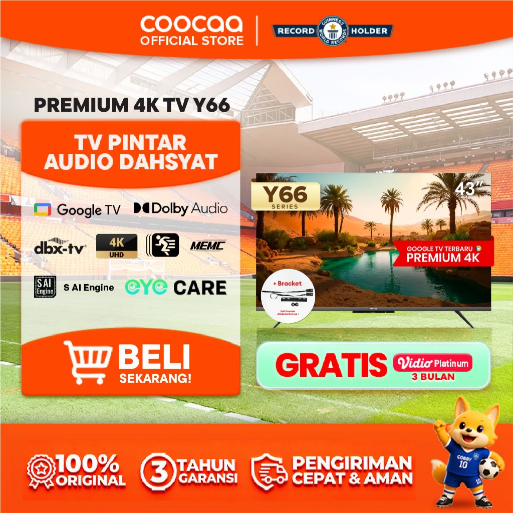 [BRACKET+] TERBARU COOCAA TV 43 inch Y66 - 4K Google TV - S AI Engine - MEMC - HDR10/HLG - Find My R