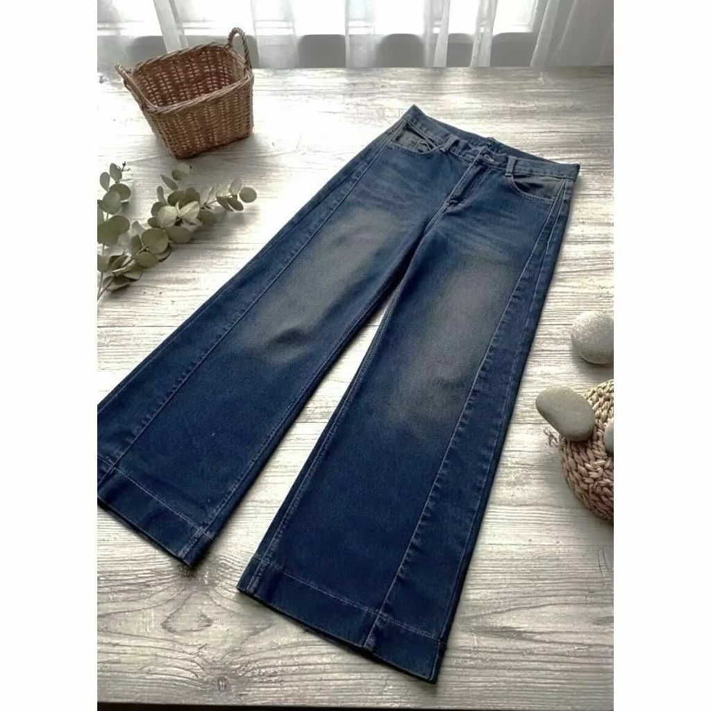 Celana Baggy Jeans Kulot Tulang Haighwaist loose Lipat Bawah vintage Jumbo Tebal Nyaman Biru Muda Ce
