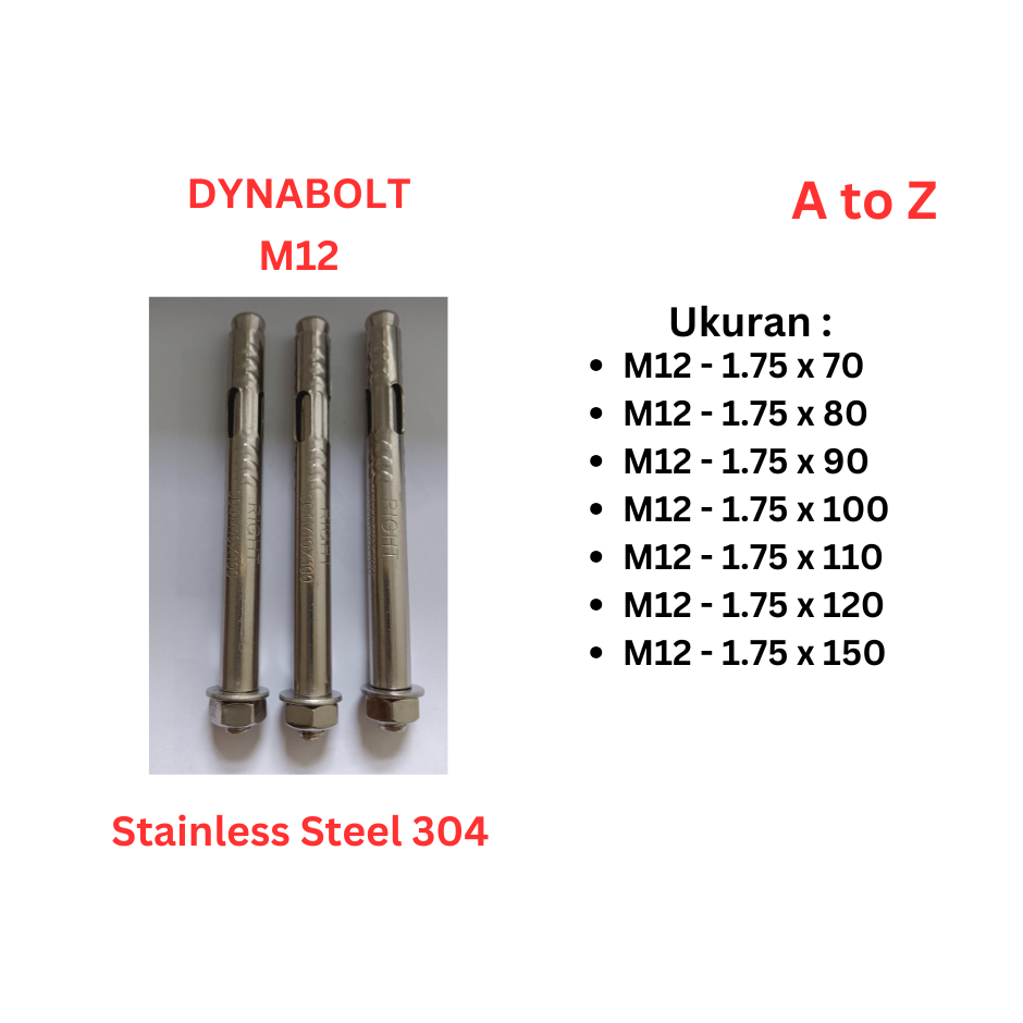 Dynabolt SS 304 - M12 x 70 / 80 / 90 / 100 / 110 / 120 / 150 Stainless Steel - Anchor Bolt 12