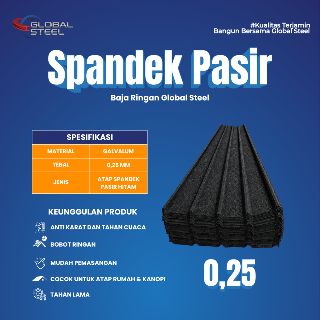 Global Steel – Atap Spandek Pasir Hitam 0.25mm | Spandek Berpasir Premium Anti Panas, Anti Bocor & A