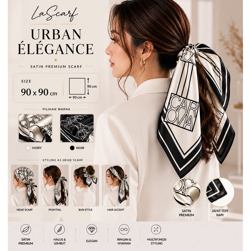 LaScarf Urban Élégance Scarf Satin Premium 90x90 cm | Square Scarf Monochrome Modern | Hijab Satin, 