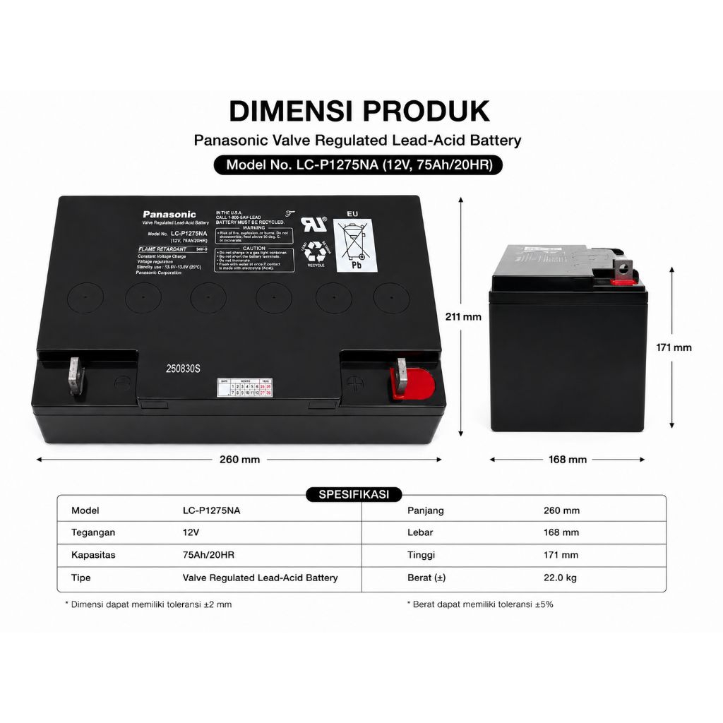 Aki Kering UPS 12V 75Ah PANASONIC LC-P1275NA VRLA Battery