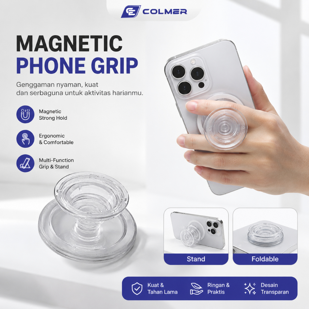 COLMER Magnetic Phone Grip Transparan Griptok Foldable Ring Holder HP Stand Lipat Pegangan Ponsel Un